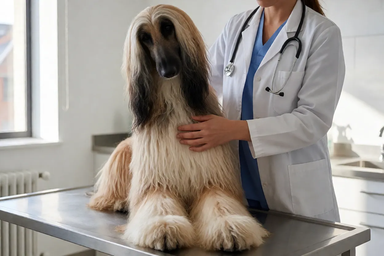 Veterin&aacute;rio examinando Afghan Hound