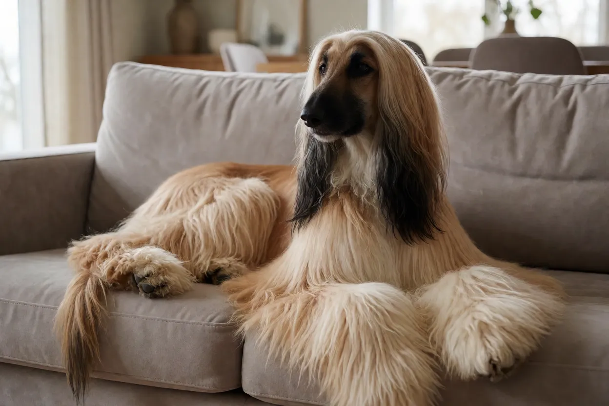 Afghan Hound em ambiente dom&eacute;stico calmo