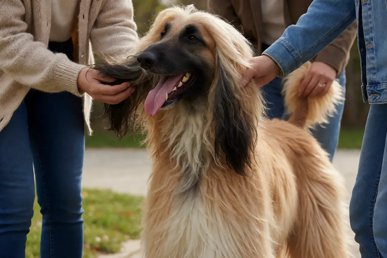 Afghan Hound adulto feliz com a fam&iacute;lia