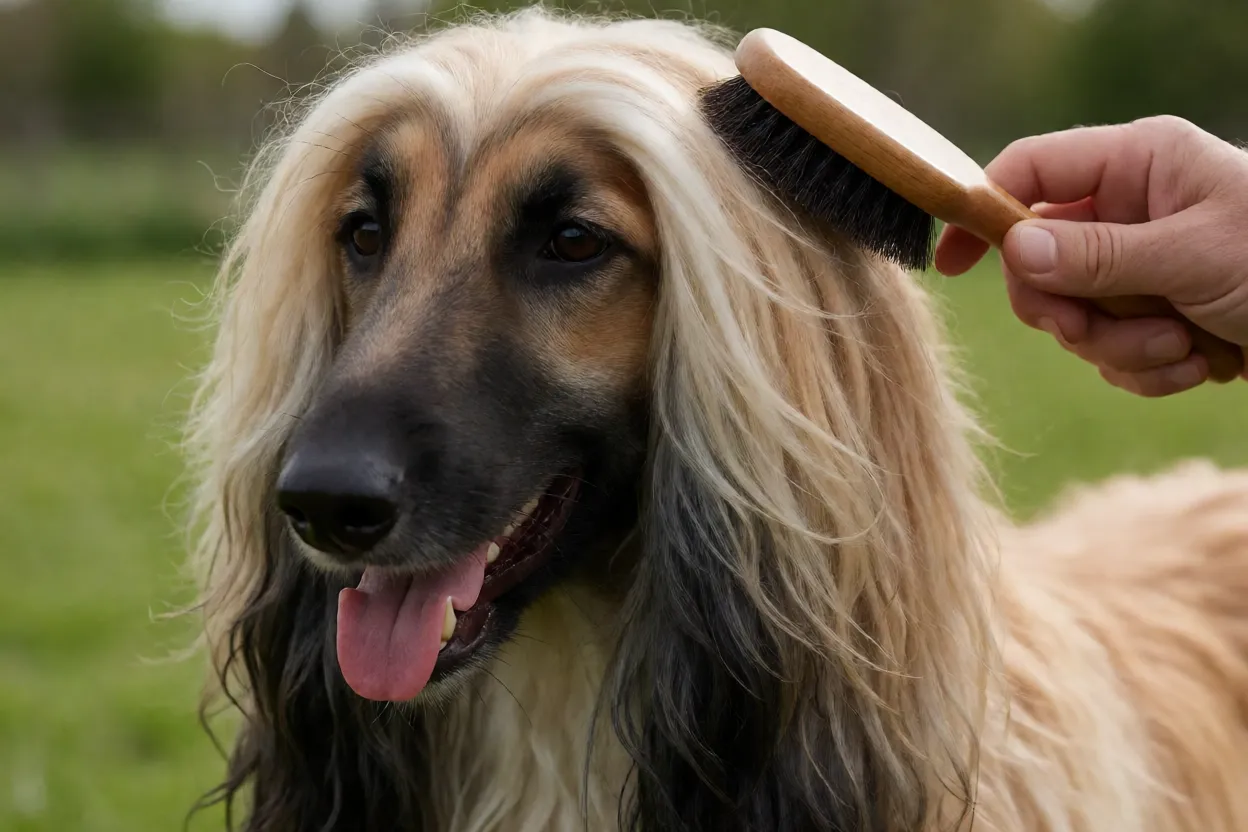 Detalhe da pelagem longa e sedosa do Afghan Hound sendo escovada