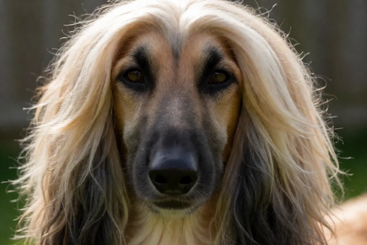 Afghan Hound com express&atilde;o digna e olhar distante