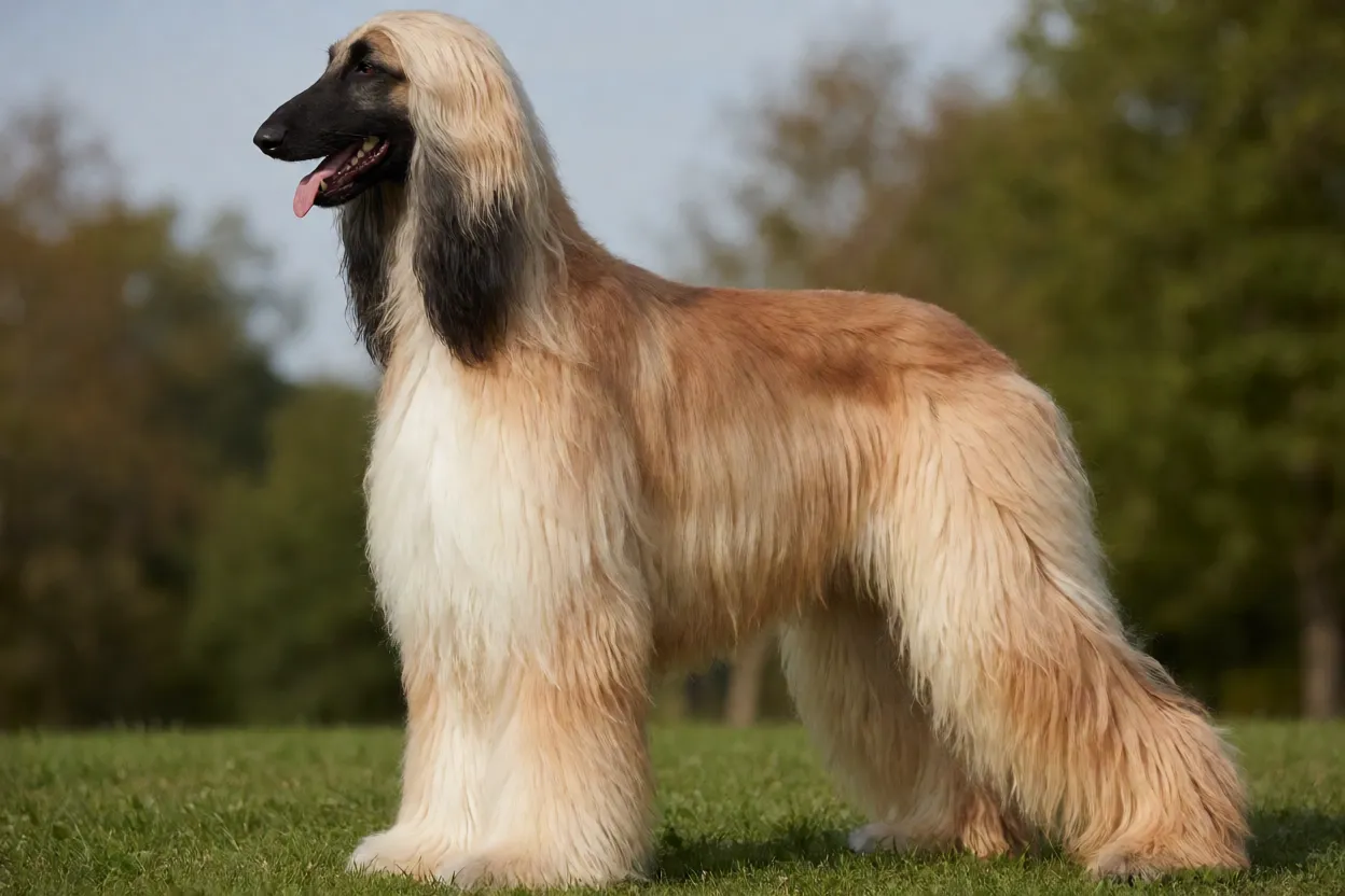 Afghan Hound adulto em perfil mostrando tamanho e estrutura esguia
