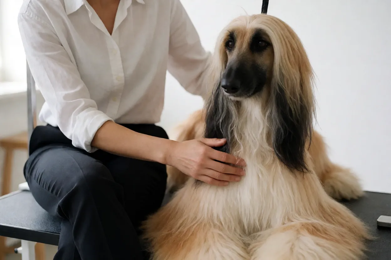 Tutora escovando Afghan Hound em mesa de tosa