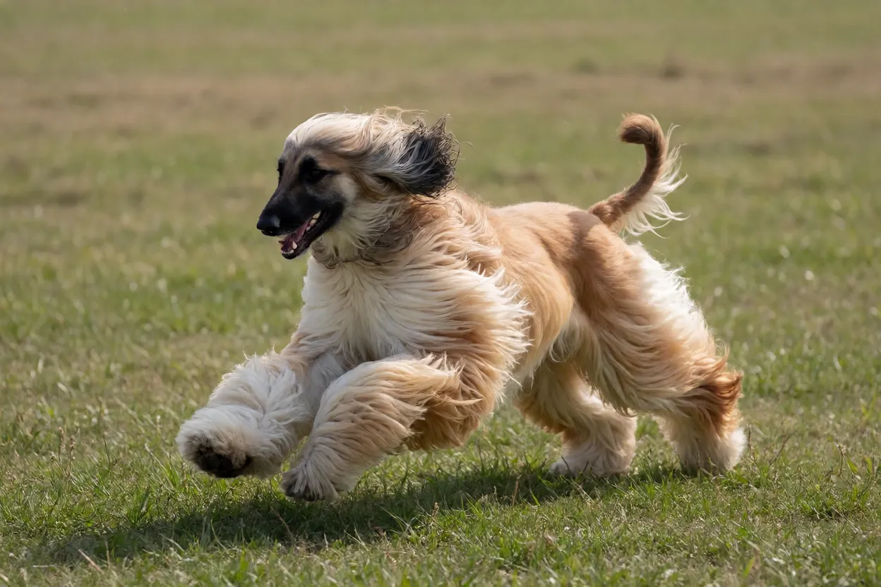 Afghan Hound correndo em campo aberto com pelagem ao vento