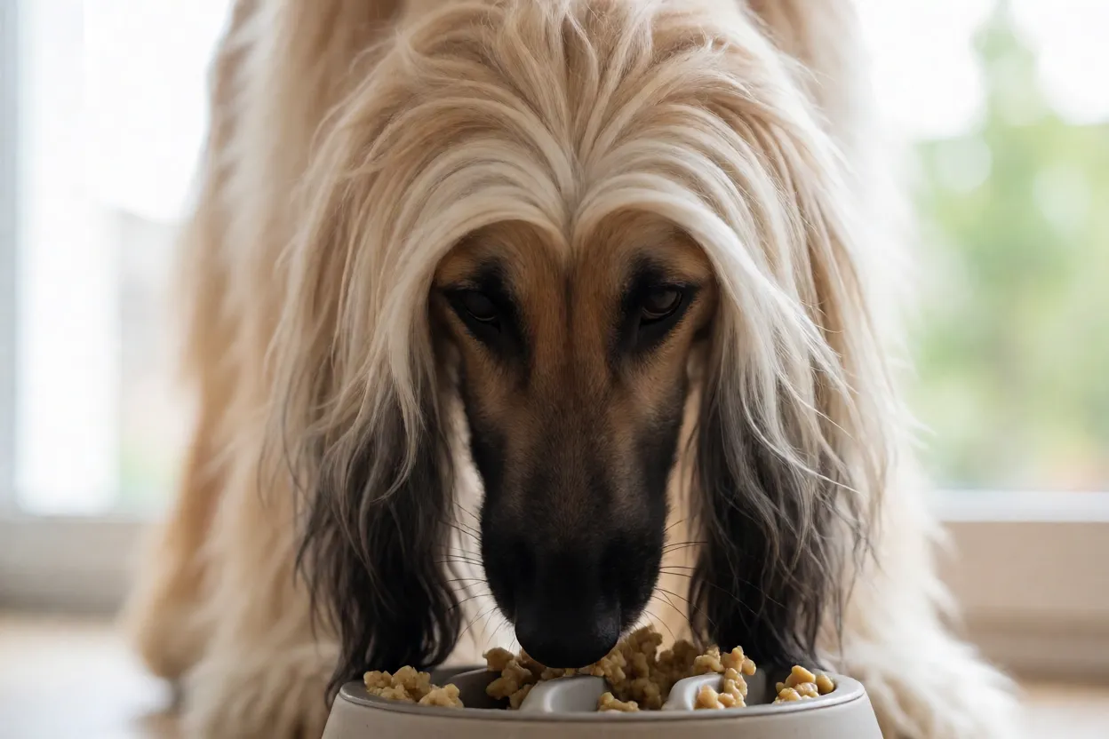 Afghan Hound comendo em comedouro lento