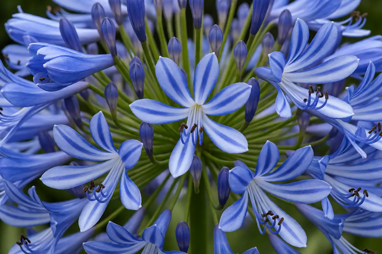 Detalhe bot&acirc;nico de umbela de agapanto azul com floretes abertos
