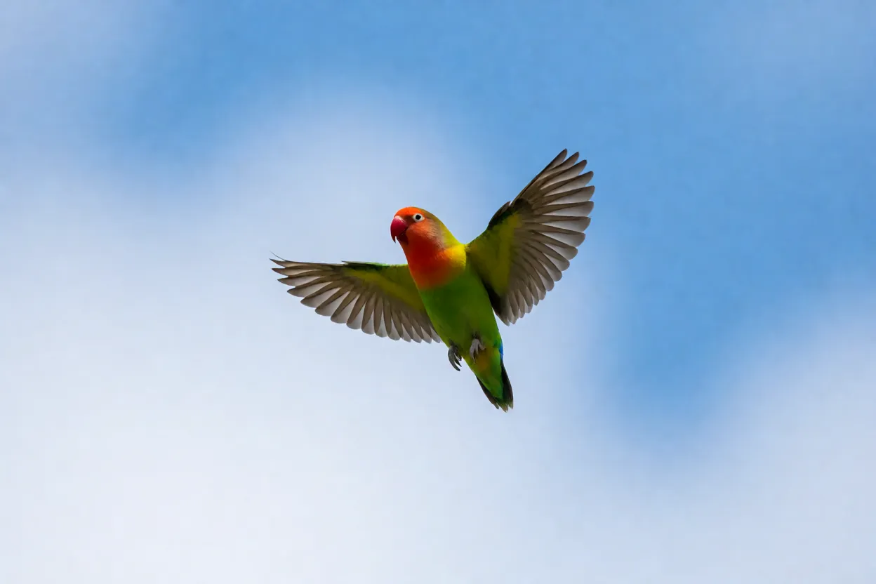 Agapornis em voo com asas abertas