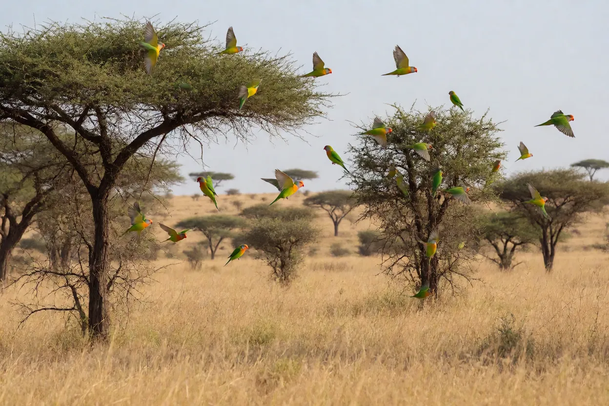 Bando de agapornis em savana africana com acácias