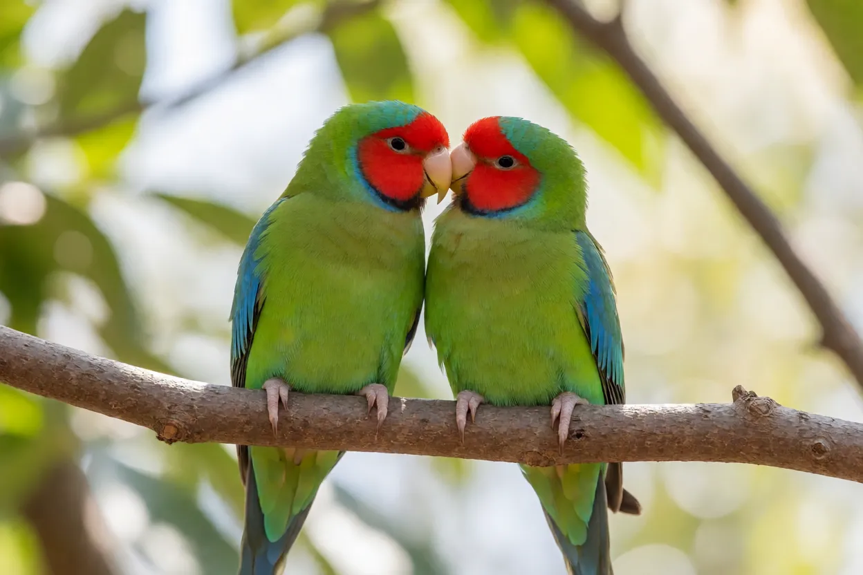 Casal de agapornis fazendo carinho mútuo