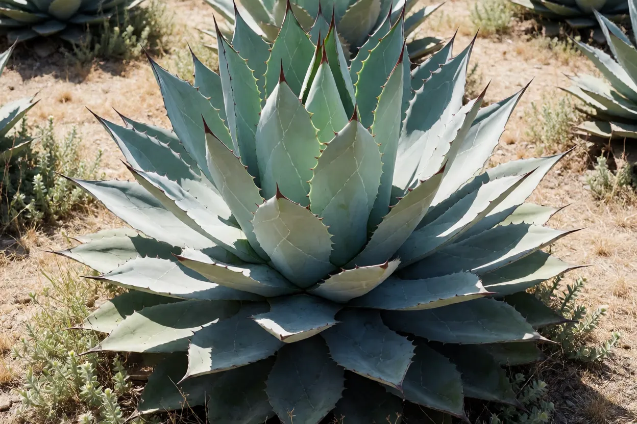 Agave-azul adulta com roseta grande azul-acinzentada em jardim de sol pleno