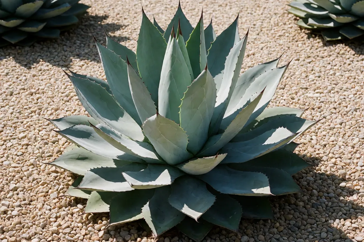 Roseta de agave-azul com folhas azul-acinzentadas em jardim ensolarado