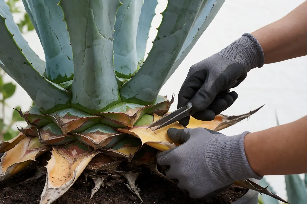M&atilde;os com luvas grossas removendo folhas secas da base de uma agave