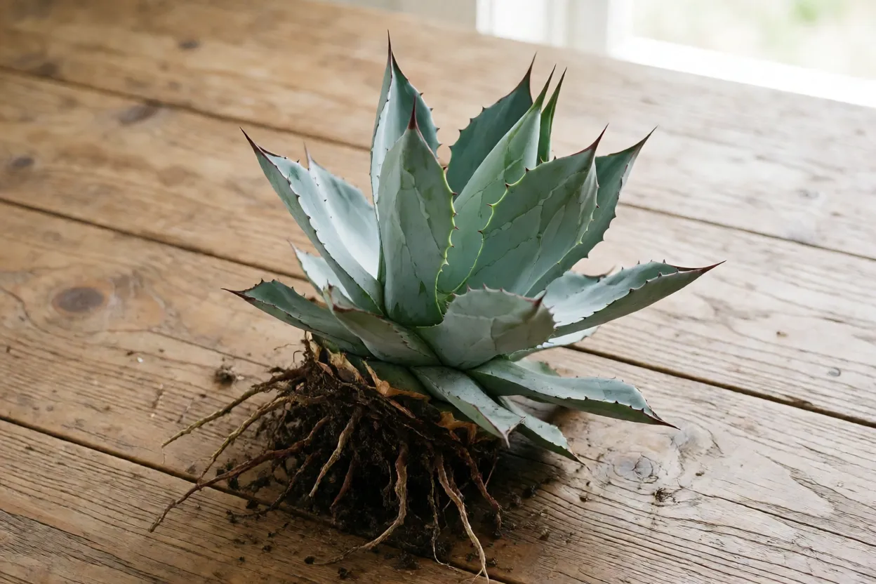 Filhote de agave-azul separado da planta-m&atilde;e com ra&iacute;zes expostas