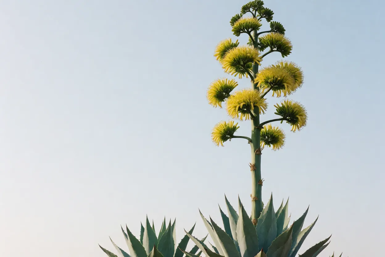 Haste floral alta de agave-azul com flores amarelas no topo