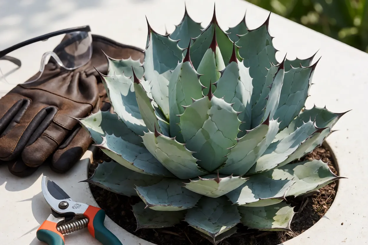 Luvas de couro, &oacute;culos de prote&ccedil;&atilde;o e tesoura de poda ao lado de uma agave