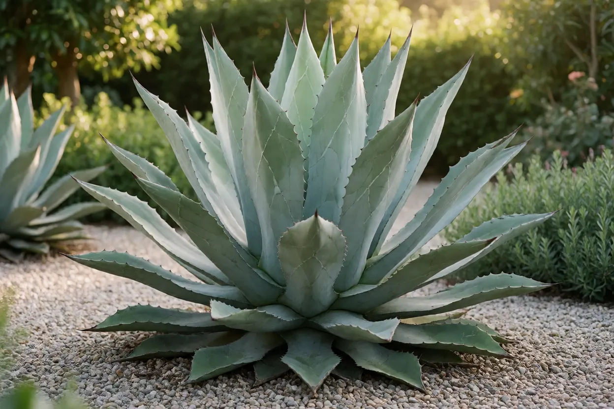 Agave-azul adulta em jardim bem iluminado