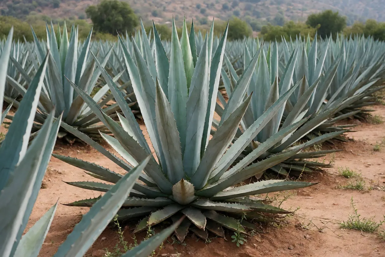 Campo de agaves-azuis em terreno arenoso no M&eacute;xico