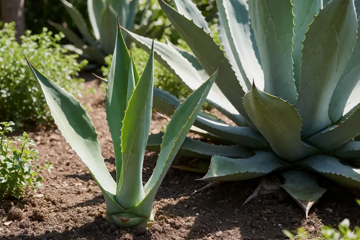 Muda pequena de agave-azul ao lado de uma planta adulta