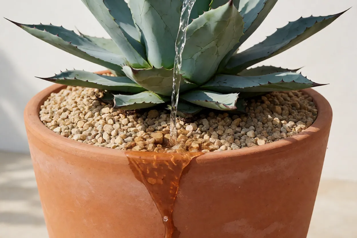 Rega profunda na base de uma agave-azul em vaso