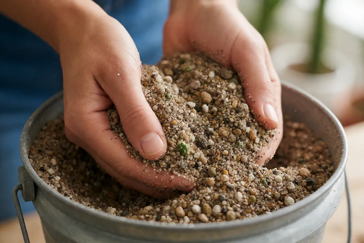 Mistura de substrato com areia grossa e pedrisco para agave