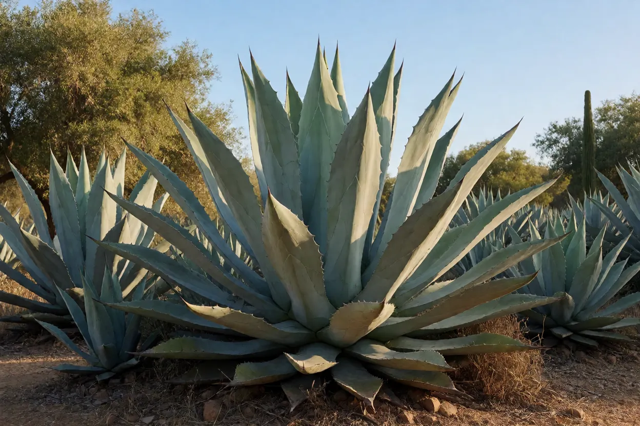 Agave-azul em jardim sob sol forte de clima quente
