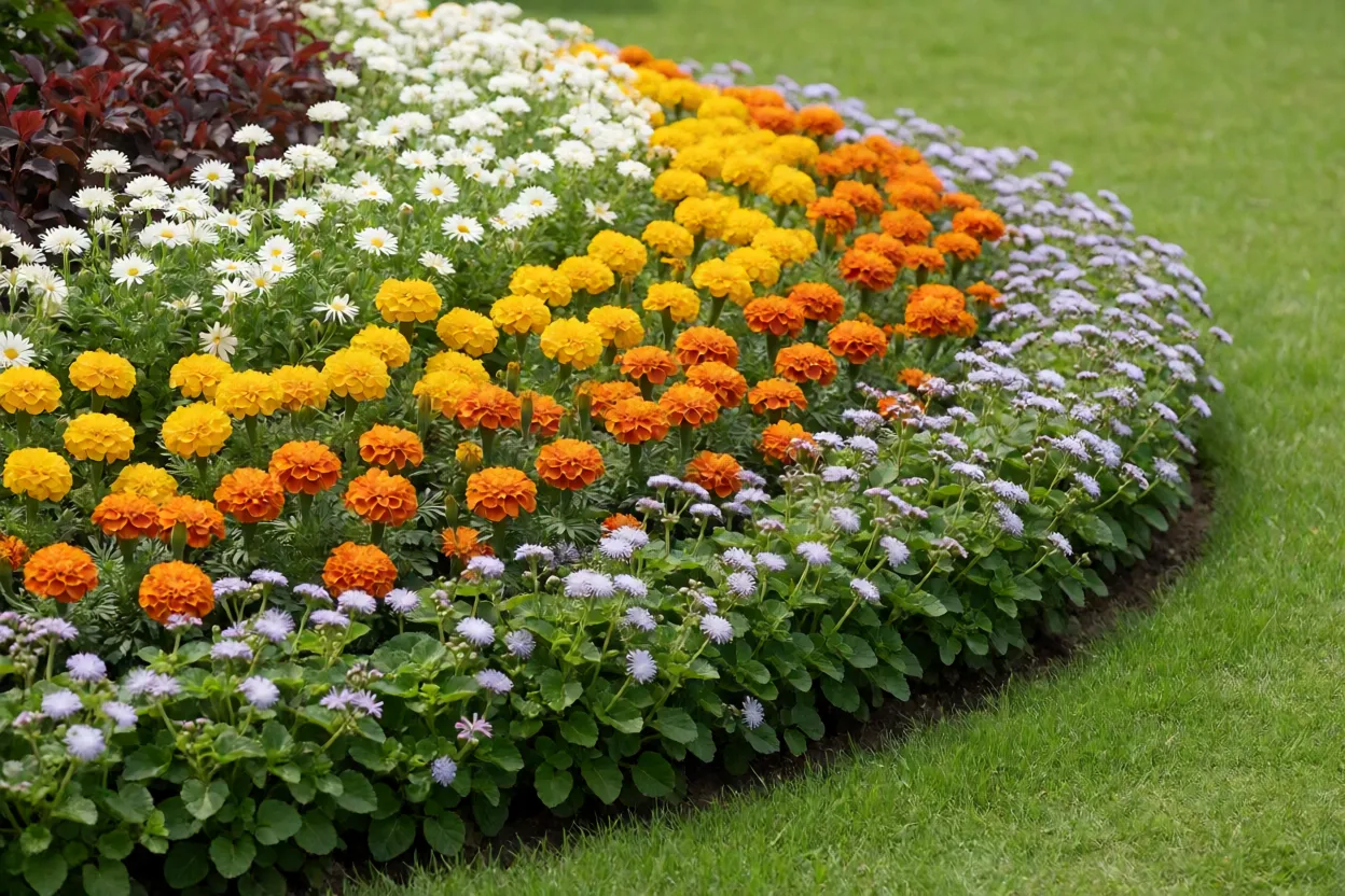 Canteiro com agerato azul como bordadura combinado com outras flores