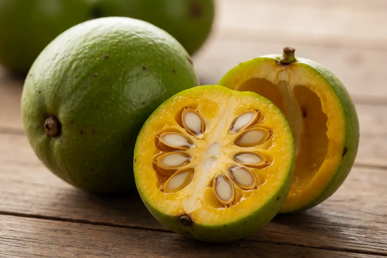 Frutos de aguai inteiros e cortado ao meio mostrando polpa amarela e sementes