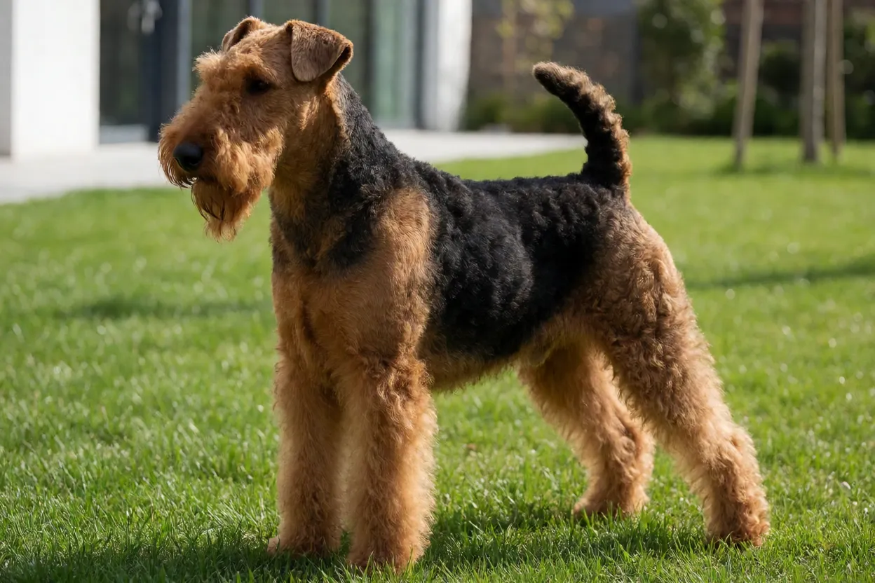 Airedale Terrier adulto em pé na grama, vista de três quartos, pelagem preta e castanha