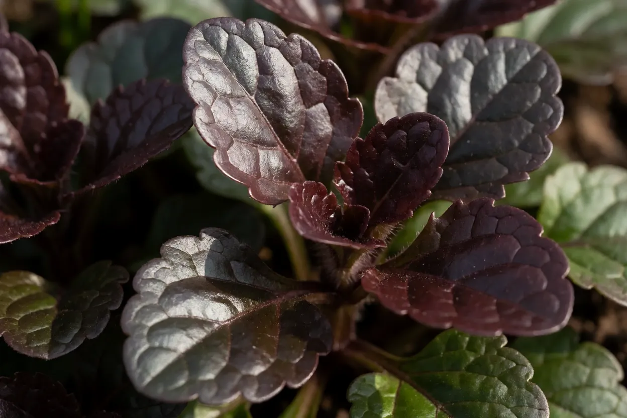 Close-up das folhas brilhantes da Ajuga com tons roxos e verdes