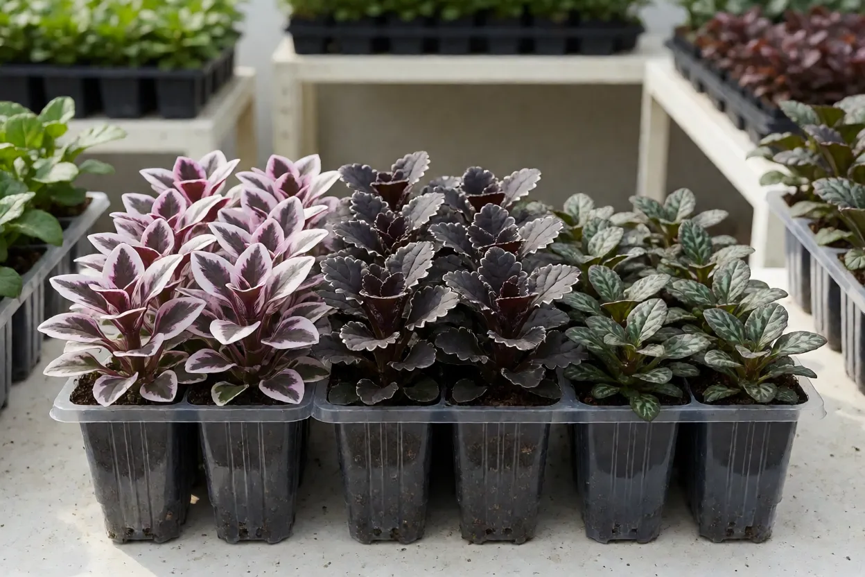 Variedades de Ajuga com folhagens tricolor, quase preta e mini