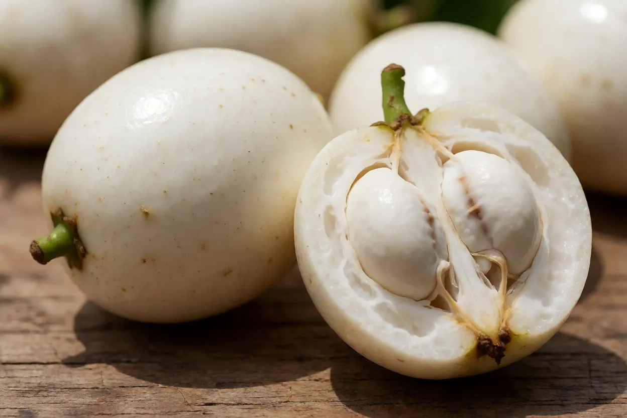 Frutos de ajuru-branco inteiros e cortado ao meio mostrando polpa branca e caroço