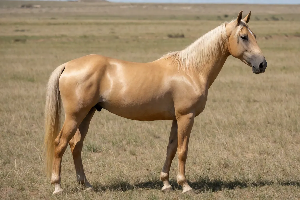 Cavalo Akhal-Teke adulto de pelagem dourada metálica em perfil na pastagem