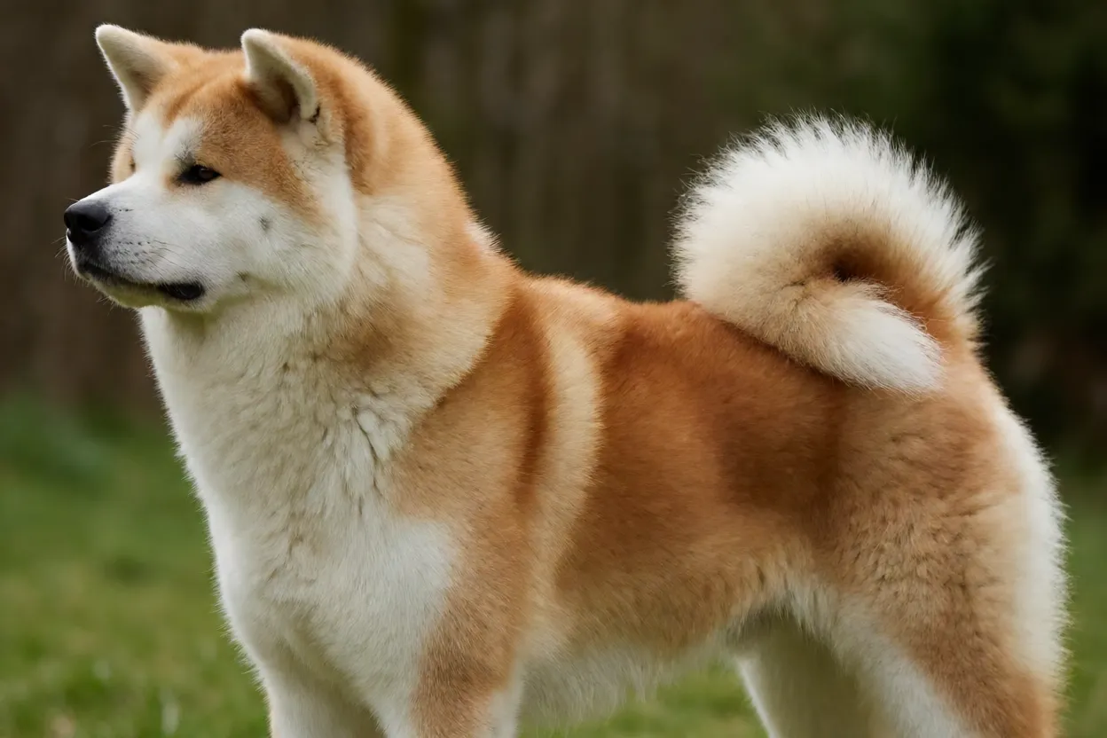 Akita adulto de perfil em ambiente natural com pelagem densa