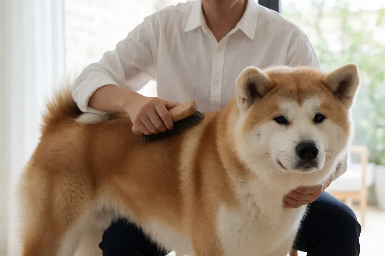Pessoa escovando a pelagem densa de um Akita durante a troca de pelo
