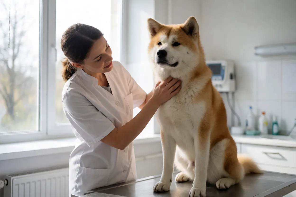 Veterin&aacute;rio examinando um Akita adulto em consult&oacute;rio