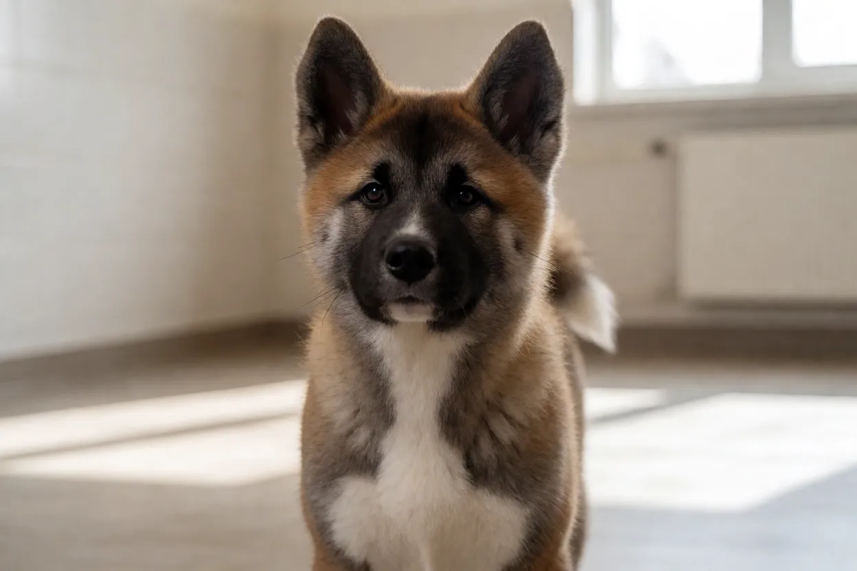 Filhote de Akita com express&atilde;o atenta em ambiente limpo de canil