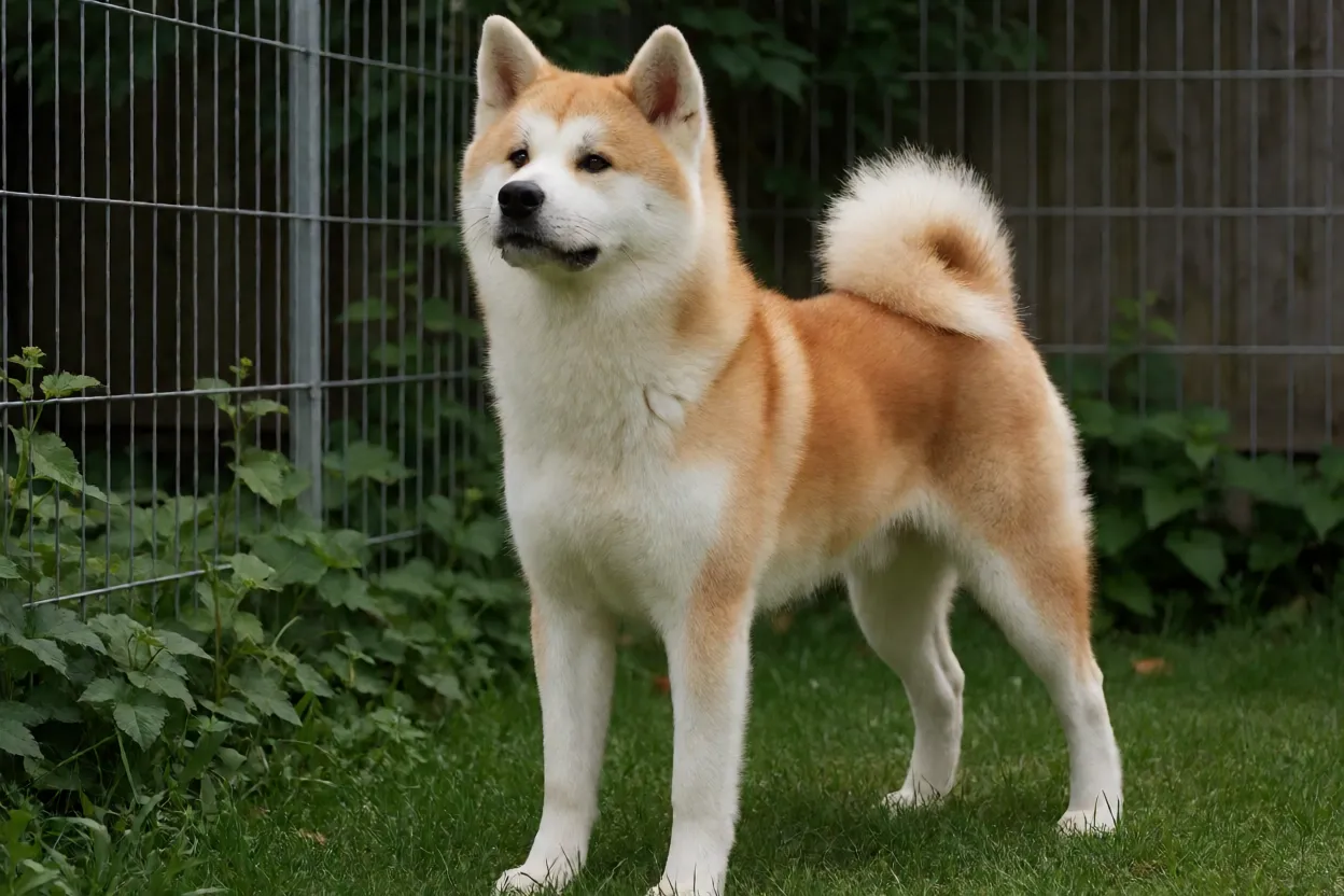 Akita adulto em postura de alerta em quintal cercado