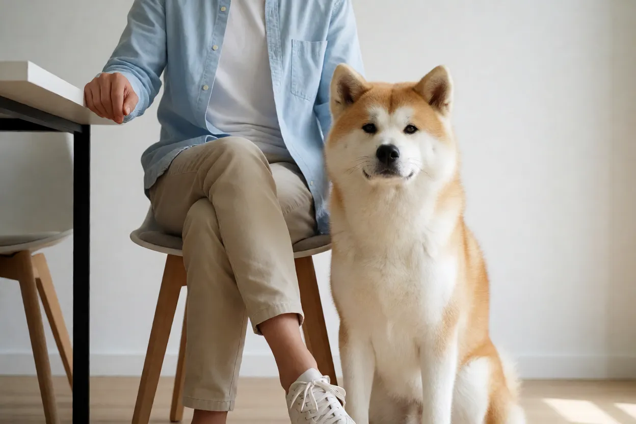 Akita adulto ao lado do tutor em momento de companhia silenciosa