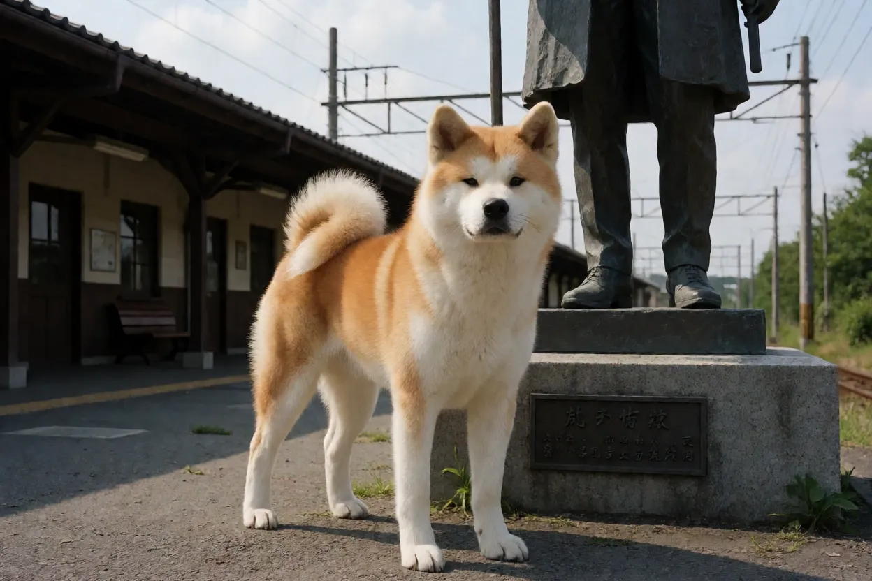 Est&aacute;tua de Hachikō em Shibuya representando a lealdade do Akita