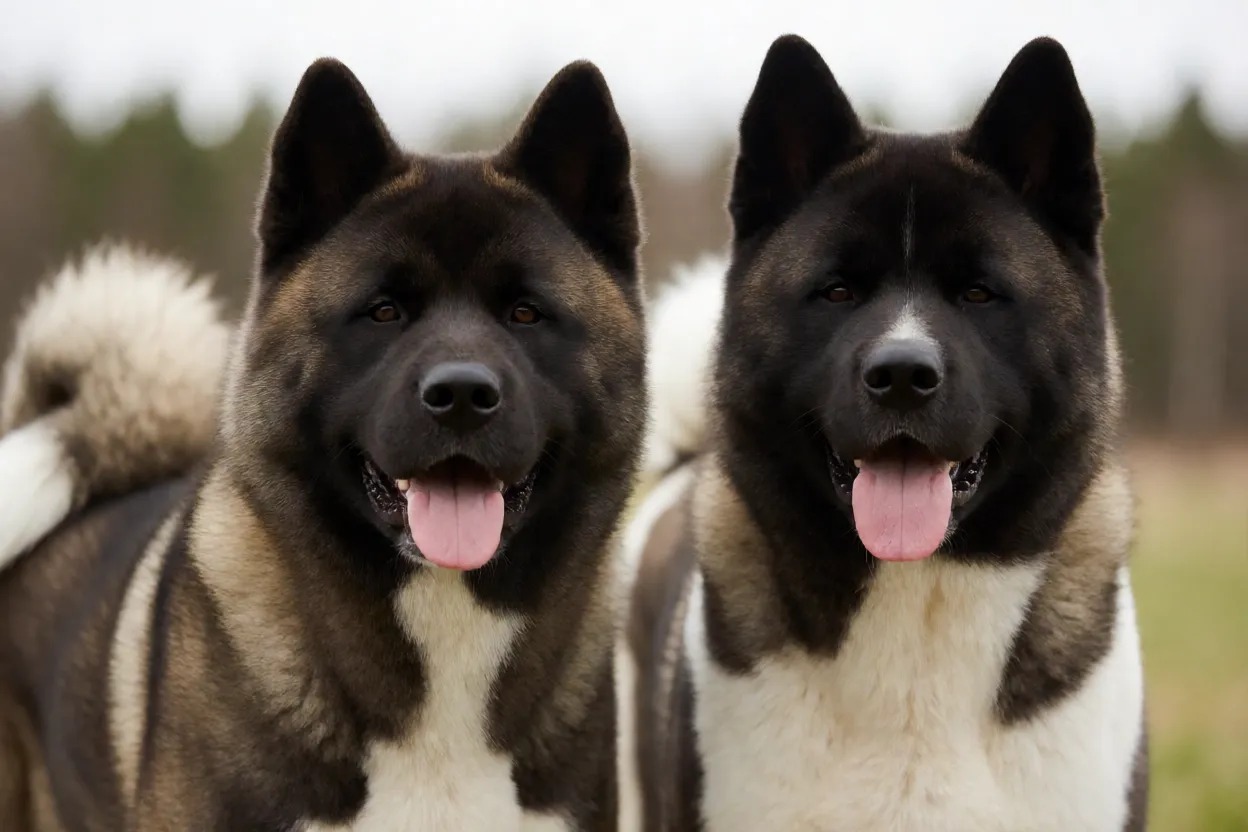Compara&ccedil;&atilde;o visual entre Akita Inu japon&ecirc;s e Akita americano lado a lado