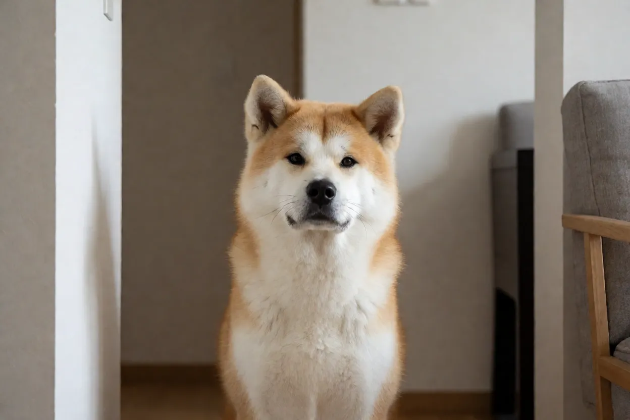 Akita calmo e atento olhando para o dono em ambiente dom&eacute;stico