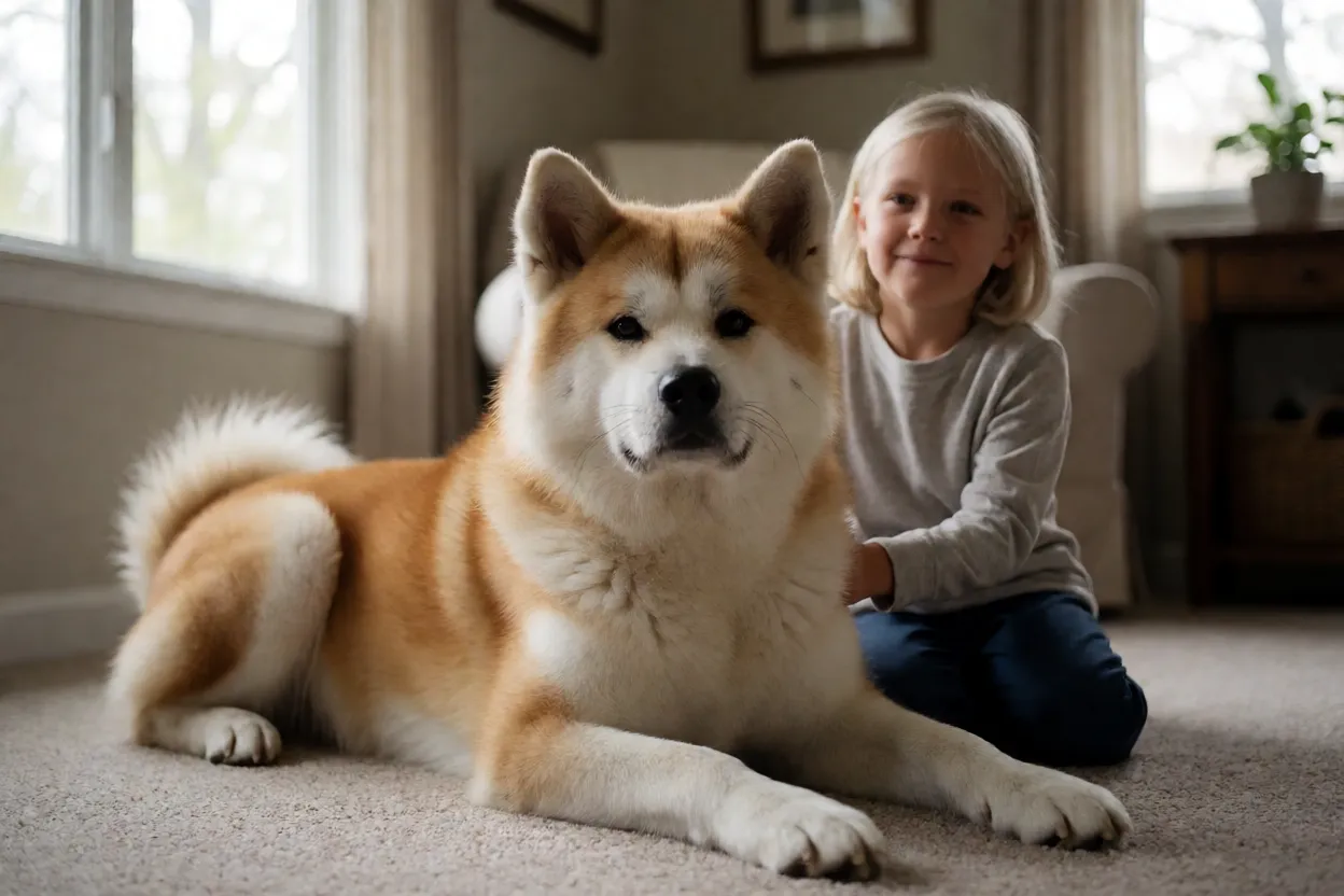 Akita adulto ao lado de crian&ccedil;a supervisionada em ambiente calmo