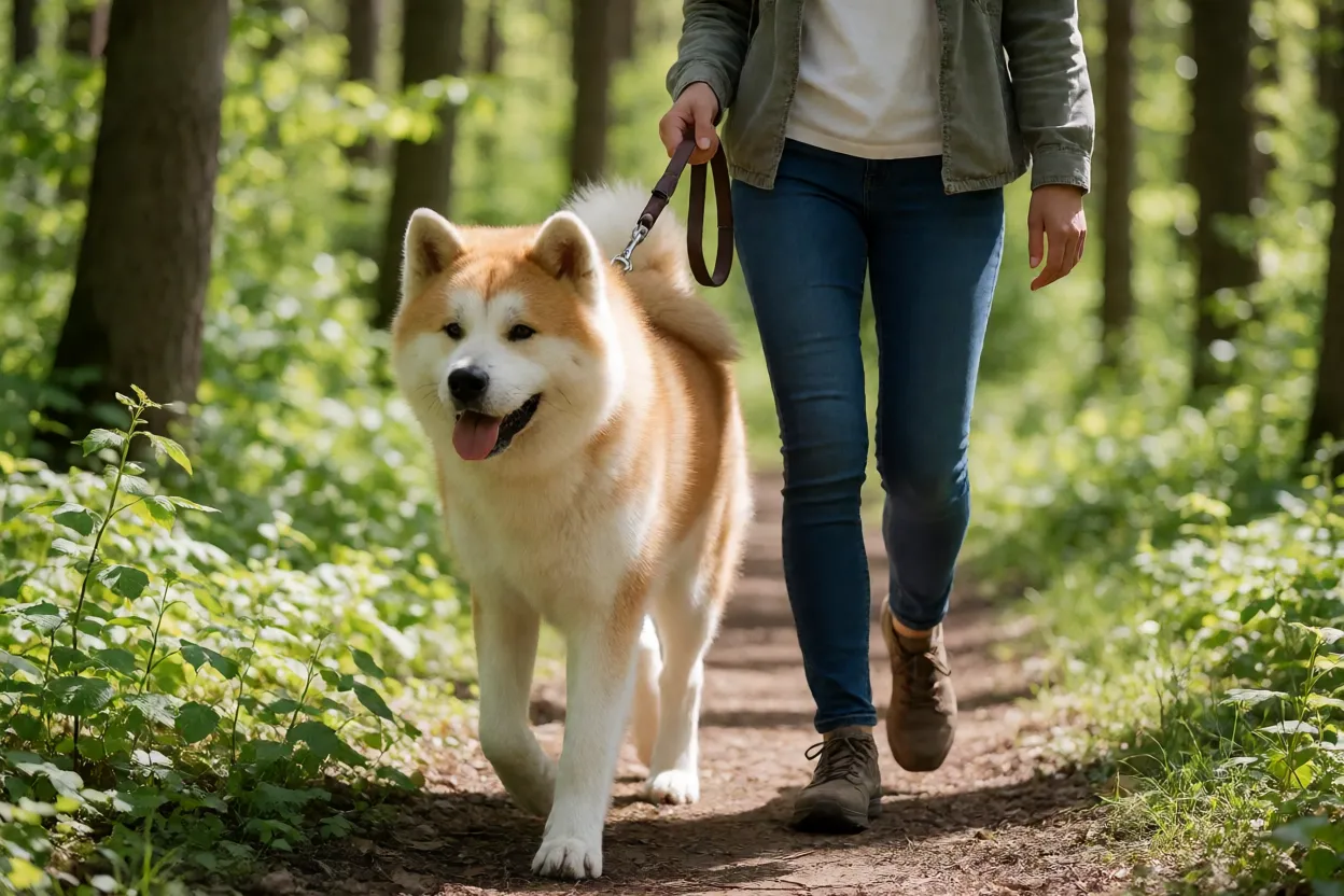 Akita caminhando ao lado do tutor em trilha arborizada