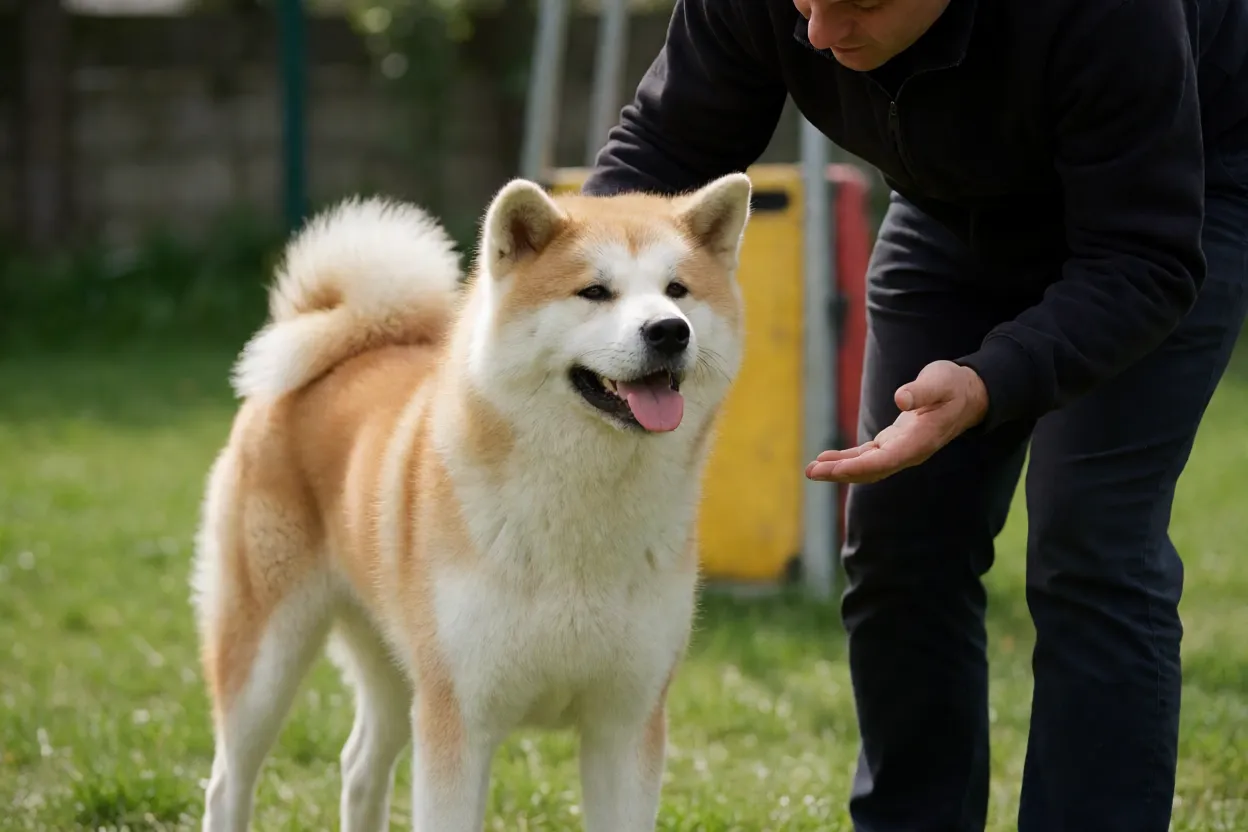 Tutor treinando Akita com recompensa positiva em ambiente controlado