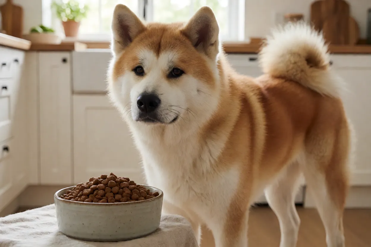 Tigela de ra&ccedil;&atilde;o de qualidade ao lado de um Akita adulto