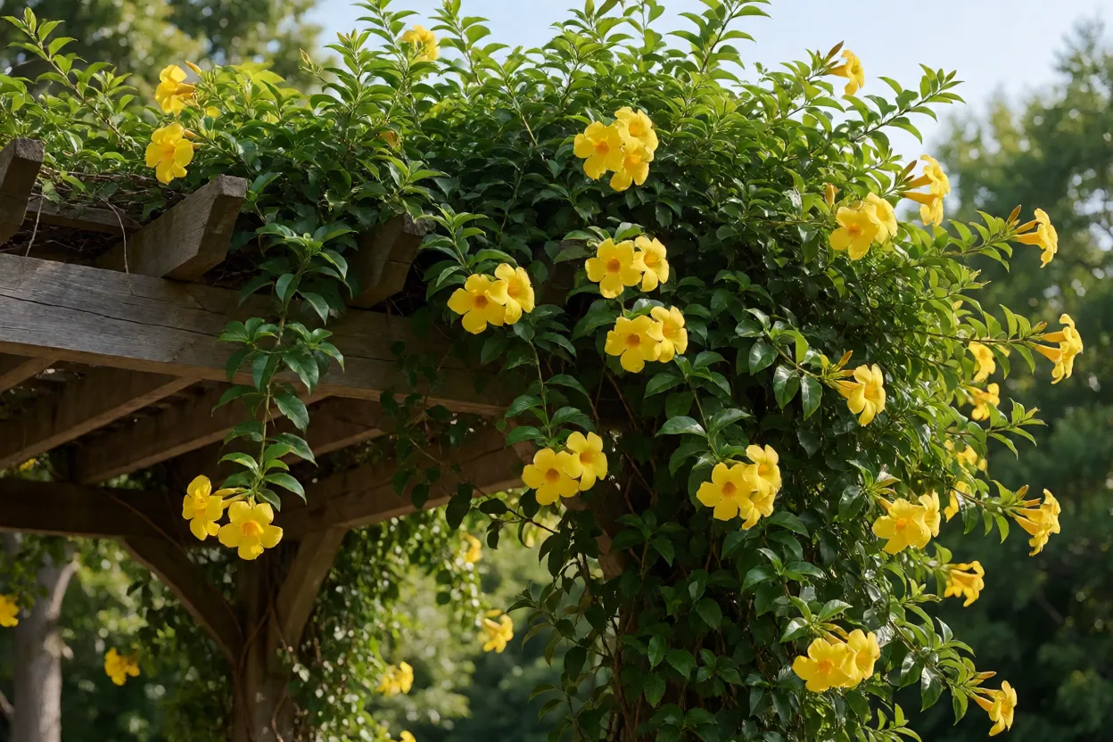 Alamanda amarela adulta cobrindo pérgola com flores em trompete