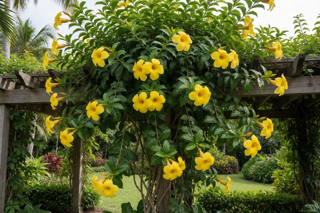 Alamanda amarela adulta cobrindo pérgola com flores amarelas em forma de trompete