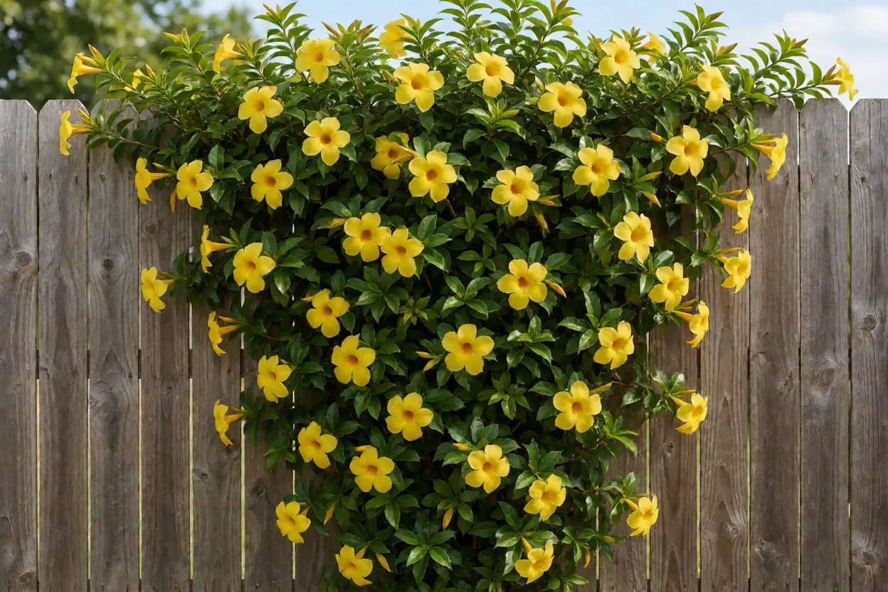 Alamanda amarela com flores amarelas intensas cobrindo uma cerca