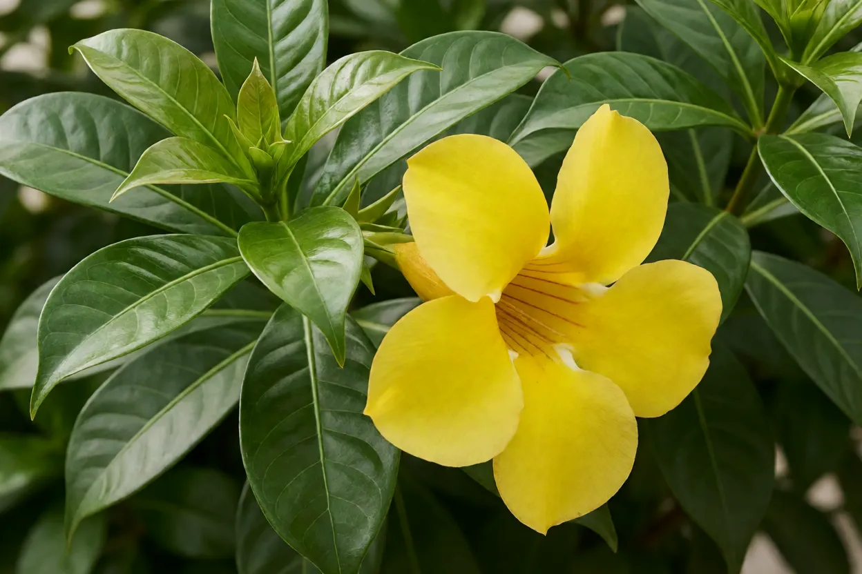 Folhas e flores da Allamanda cathartica em close
