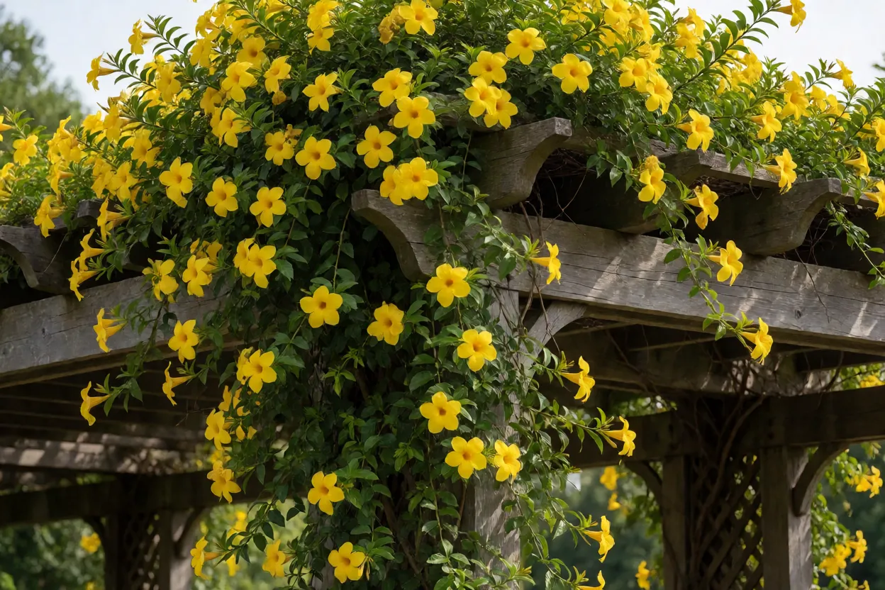 Alamanda amarela cobrindo um pergolado alto